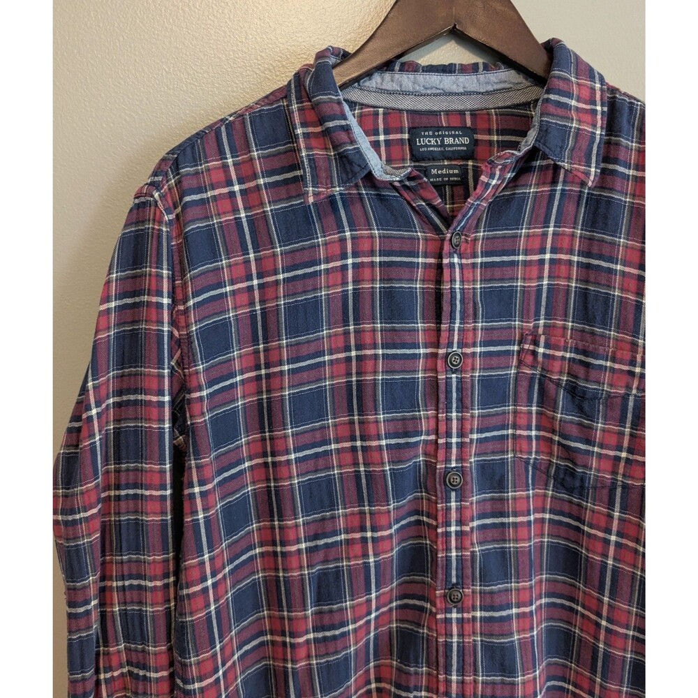 Lucky Brand Men’s Medium Shirt Red Blue Plaid Lightweight Long Sleeve Flannel